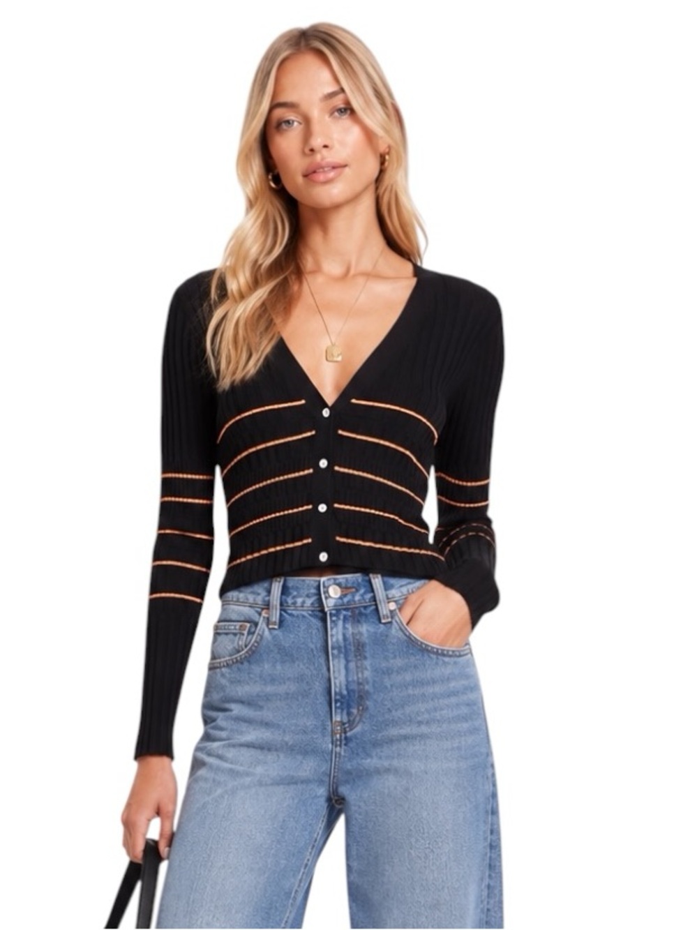 JONATHAN SIMKHAI 100% Cotton Lilliana Striped Rib Knit Cardigan Black Size XL